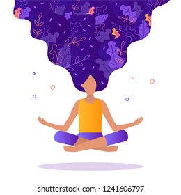 Girl floating in the air in a lotus position. Leaves are woven into her hair. The concept of meditation, self-improvement, ecology, communication with the cosmos. Flat vector illustration.