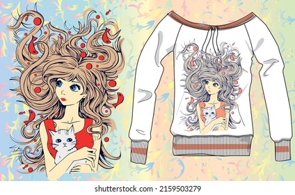 A Girl With Floating Hair And A White T Shirt Hugging A Cute Cat.
Colorful Background With Fishes And Circles.