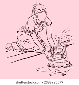 A girl floating a Krathong vector for card, decoration, illustration