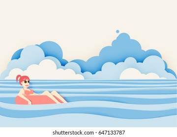 Girl floating on the beach with beautiful sea background paper cut style vector illustration