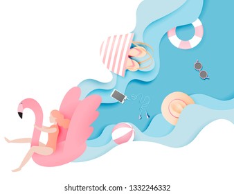 Girl floating on the beach with flamingo with beautiful sea background paper cut style vector illustration