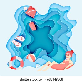 Girl Floating On The Beach And Sea Stuff With Paper Cut Layer Style Vector Illustration