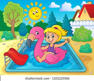 Girl floating on inflatable flamingo 2 - eps10 vector illustration.