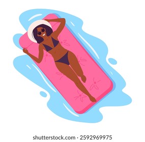 Girl floating on inflatable mattress. Female character swimming on pink inflatable mattress in ocean or swimming pool flat vector illustration. Woman relaxing on rubber mattress