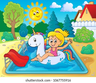 Girl floating on inflatable unicorn 3 - eps10 vector illustration.