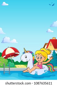 Girl floating on inflatable unicorn 4 - eps10 vector illustration.