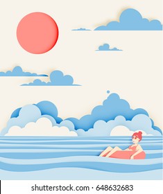 Girl floating on the water with beautiful sea background paper cut style vector illustration