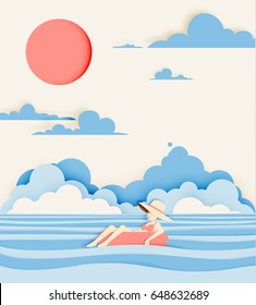 Girl floating on the water with beautiful sea background paper cut style vector illustration