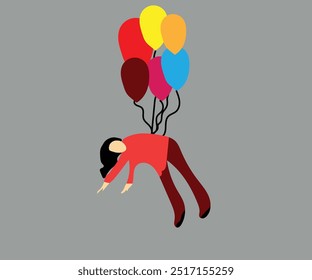 Girl Floating in the Sky with Balloon Tied to Waist | Dreamy Flying Illustration