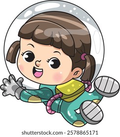 A girl is floating in space while wearing a spacesuit.