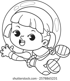 A girl is floating in space while wearing a spacesuit.