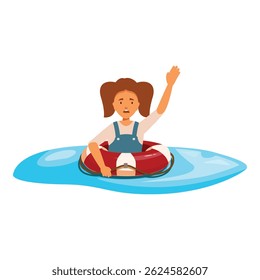 Girl floating in water asking for help, holding onto a life preserver and waving