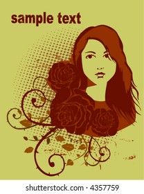 Girl in Floral Grunge Design - Vector