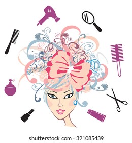Girl with floral hair and hairdressing accessories. Vector illustration on transparent background.