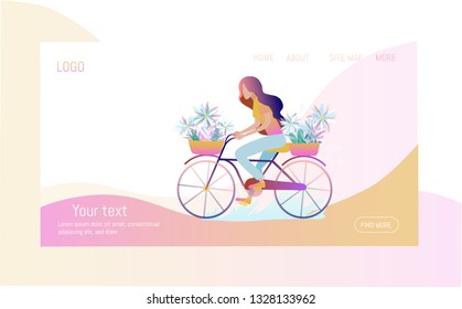 Girl florist carries flowers by bike. Flower delivery. Gardener. Sell flowers. Vector flat illustration. Web site template and web page