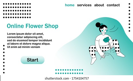 Girl - florist holds beautiful white rose with green leaves. Gardener. Sell flowers. Online shop. Vector flat modern illustration. Web site template blue tint and web page