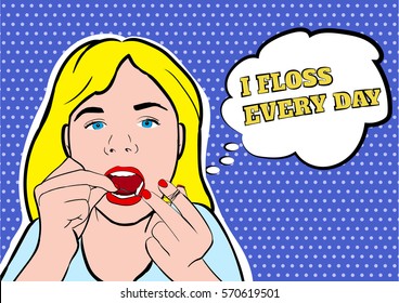 Girl flossing teeth vector illustration. Hygiene flossing teeth, medicine dental flossing and oral care vector EPS10