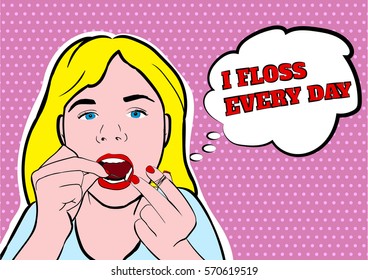 Girl flossing teeth vector illustration. Hygiene flossing teeth, medicine dental flossing and oral care vector EPS10