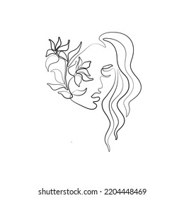 Girl with flower, abstract female silhouette, continuous line drawing, print for clothes and logo design, small tattoo, emblem or logo design, isolated vector illustration.