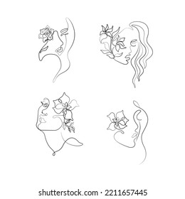 Girl with flower, continuous line drawing, abstract female silhouette set, print for clothes and logo design, small tattoo, emblem or logo design, isolated vector illustration.