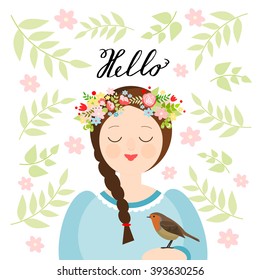 Girl with a flower crown and a robin on a floral background. Spring greeting card, vector illustration