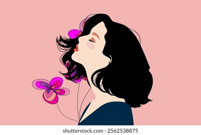 girl with flower doodle style contour
