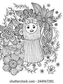 Girl with Flower Doodle Vector