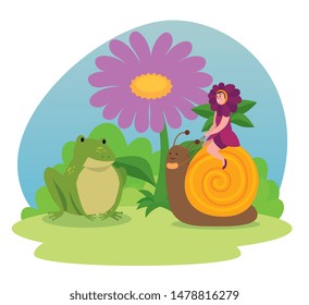 girl flower fairy sitting in the snail with frog and flower