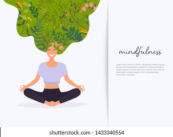 Girl with flower hair in gyan mudra yoga lotus pose exercise. Meditation health benefits for body, mind and emotions.