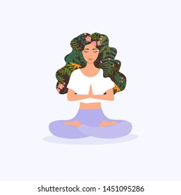 Girl with flower hair in gyan mudra yoga namaste pose exercise. Meditation health benefits for body, mind and emotions.