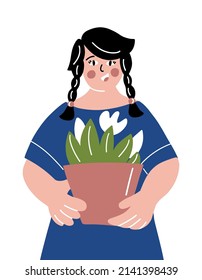 Girl with a flower. Happy cute woman holding house plant in ceramic pot isolated on the white background.  Enjoy your time concept. Vector illustration. 