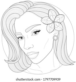 
Girl with a flower in her hair.Coloring book antistress for children and adults. Illustration isolated on white background.Black and white drawing.Zen-tangle style.