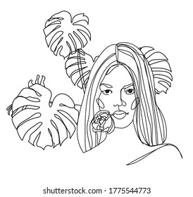 Girl with a flower in her lips. Stylish print, one line drawing. Exotic, tropics. Female power.