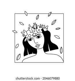 Girl flower line portrait. Beautiful pretty female face with blossoms, lady smiling, card or poster. Spring and summer woman. Attractive people vector black and white illustration