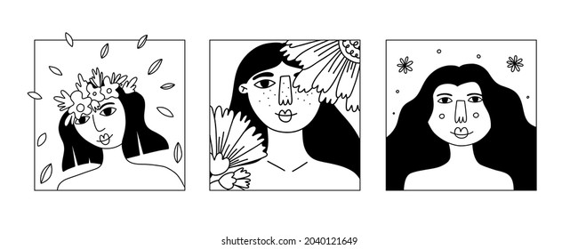 Girl flower line portrait set. Beautiful pretty female face with blossoms, lady smiling, card or poster. Spring and summer woman. Attractive people vector black and white illustration