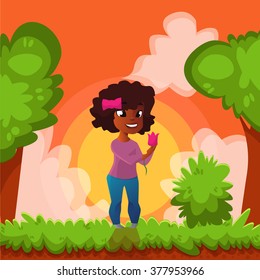 Girl with flower in a meadow on a background of blue sky, vector illustration