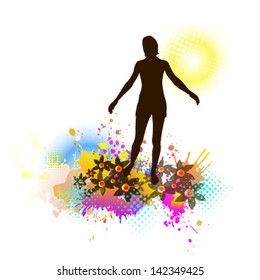 The girl in the flower meadow with the sun