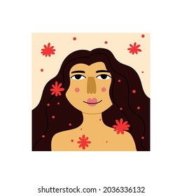 Girl flower portrait. Beautiful pretty female face with blossoms, lady smiling, card or poster. Spring and summer woman. Attractive people vector cartoon modern illustration