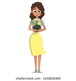 
Girl with a flower pot in her hands. Flat style illustration. Cartoon girl with a flower.