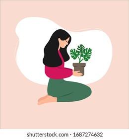 Girl with a flower pot in her hands. Cartoon girl with a flower.Home gardening.Cute illustration in flat style.