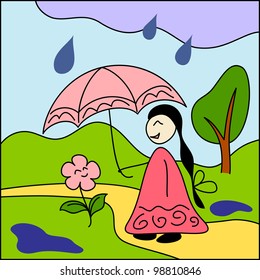 Girl and flower under umbrella