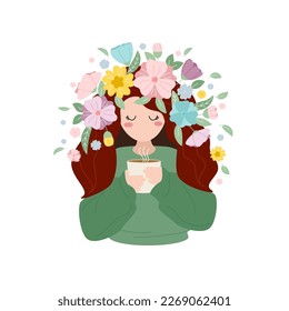 The girl in the flower wreath drinks coffee or tea. The concept of love for herself, peace, spring, harmony. Vector illustration.