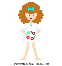 Girl with flower wreath in her hands.