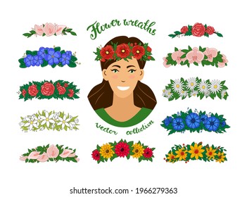 A girl in a flower wreath. A set of Floral tiaras. Vector elegant beautiful young woman portrait. Isolated 