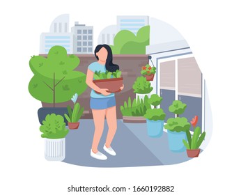 Girl with flowerpot 2D vector web banner, poster. Woman with houseplants, female florist flat character on cartoon background. Street gardening, yard greening printable patches, colorful web elements