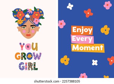 Girl, flowers and affirmations slogan print design. Colorful bright floral illustration template for posters, social media, greeting card, phone wallpapers, postcard. Spring background vector.