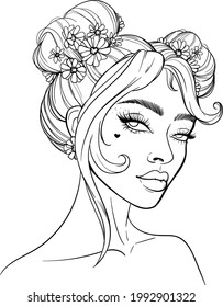 Girl Flowers Black Outline Coloring Stock Vector (Royalty Free ...