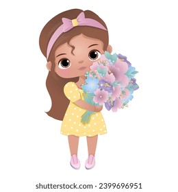 Girl flowers. Girl with flowers bouquet. Cute girl. Funny, cartoon baby doll. Vector illustration isolated white background. Greeting card, birthday, print, poster, love. Baby, child, kids. 