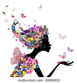 girl with flowers and butterflies