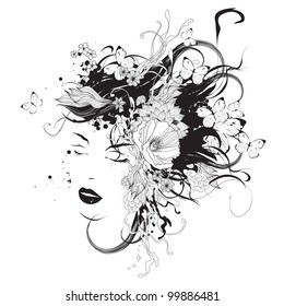 Girl with flowers and butterflies black and white vector illustration